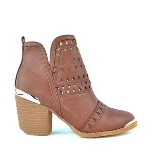 Cognac Women's Slip On Round Toe Chunky Heel Bootie
